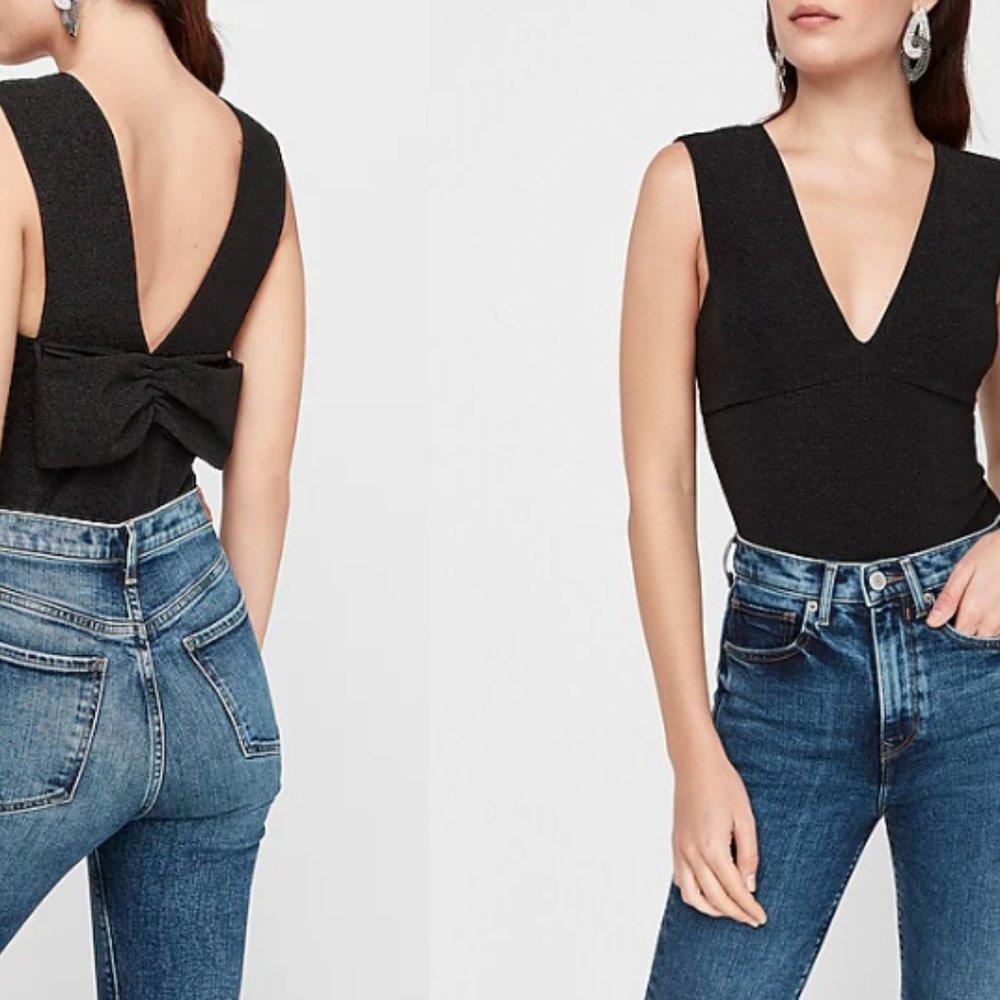 Express Ribbed Plunge Neck Bow Back Thong Bodysuit - Size Medium